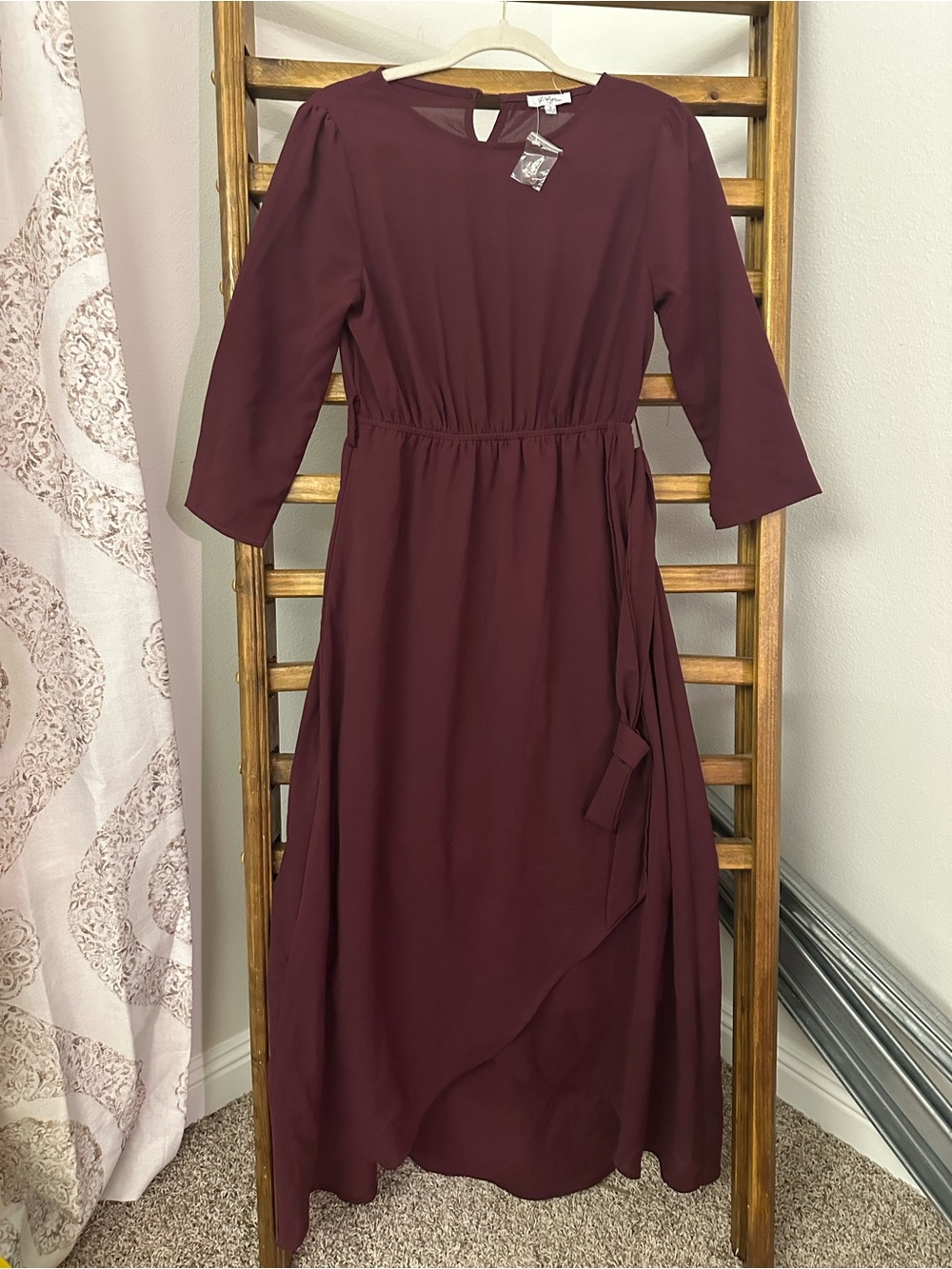 Polagram Wine Wrap-Style High-Low Midi Dress